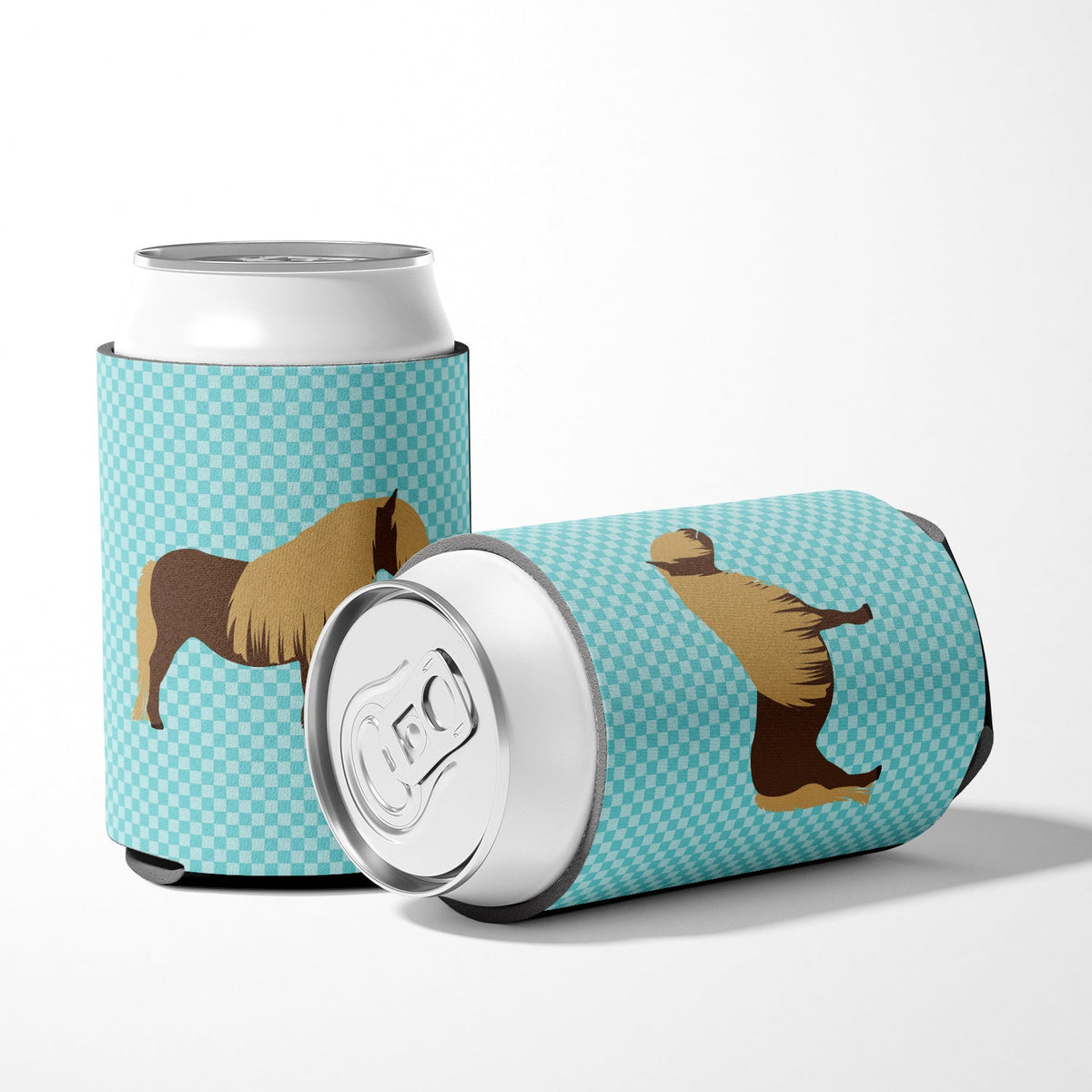 Shetland Pony Horse Blue Check Can or Bottle Hugger Cooler Sleeve for Standard 12 oz Cans, Insulated Foam Beer & Soda Can Hugger Reusable