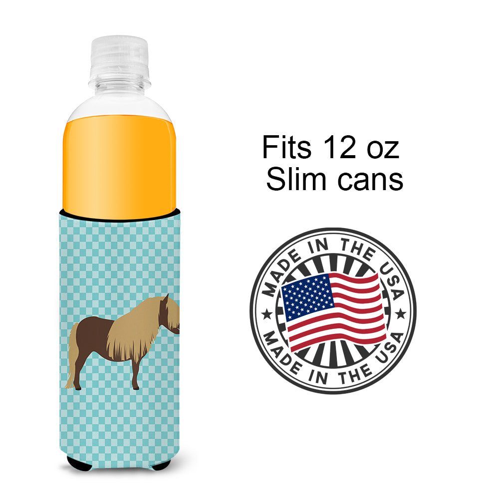 Shetland Pony Horse Blue Check Slim Can Hugger , Insulated Foam Hugger for 12 oz Slim Cans, Beer Bottles & Water Bottles, Printed in USA