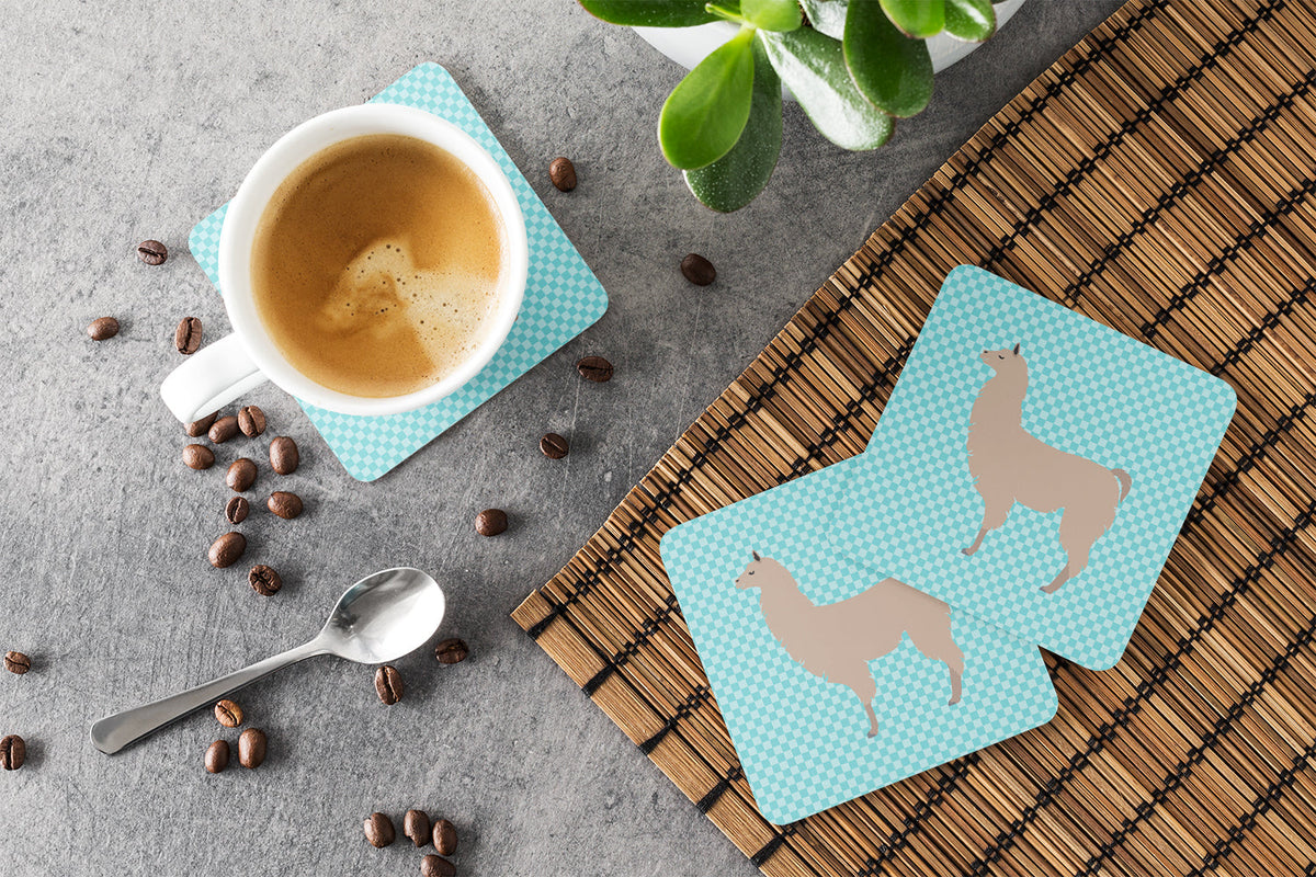Llama Blue Check Foam Coasters Set of 4 Cup Coasters for Indoor Outdoor, Tabletop Protection, Anti Slip, Mouse pad Material
