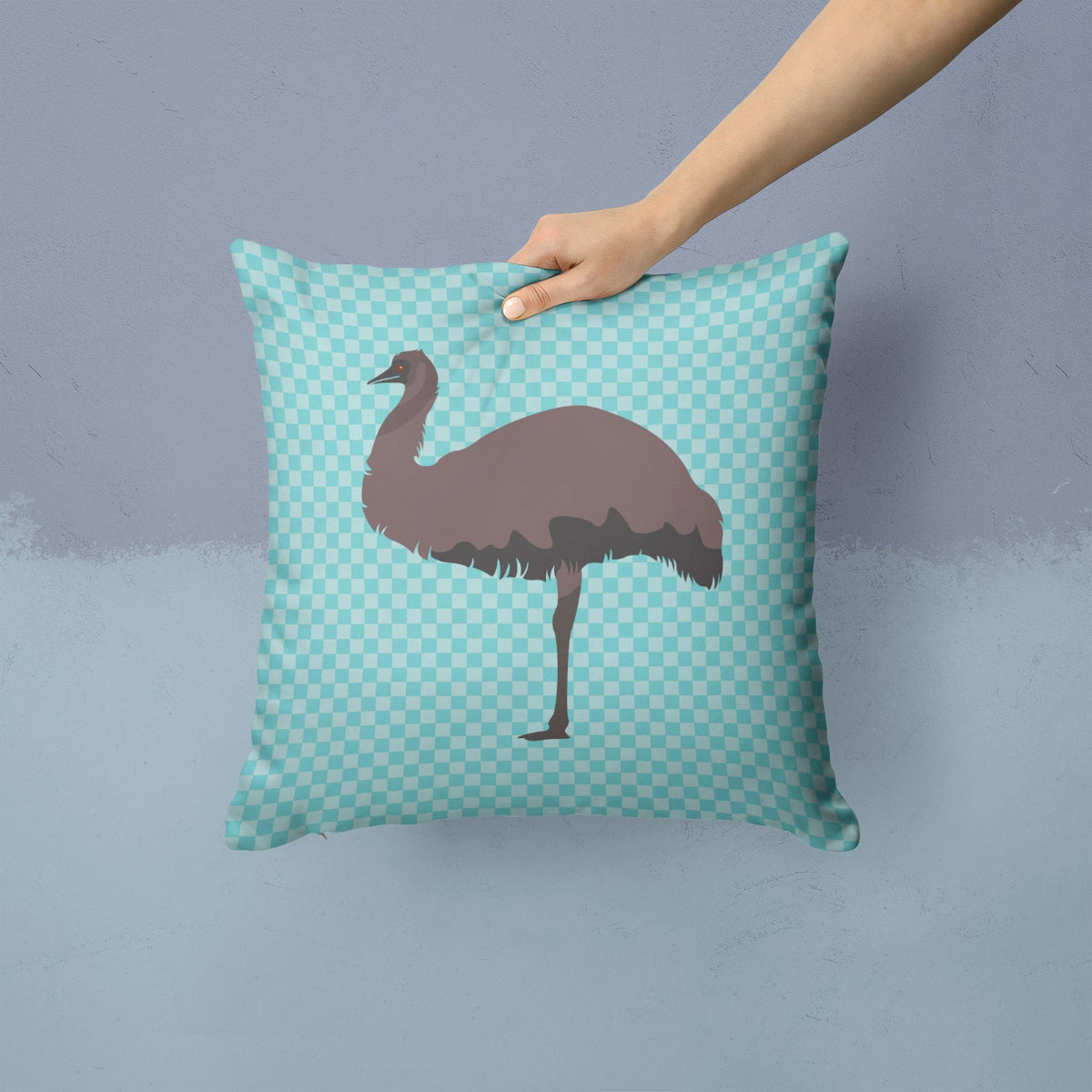 Emu Blue Check Decorative Throw Pillow 14x14 Indoor Outdoor Accent Cushion, Fabric Cover with Insert for Sofa, Bed, Porch & Living Room
