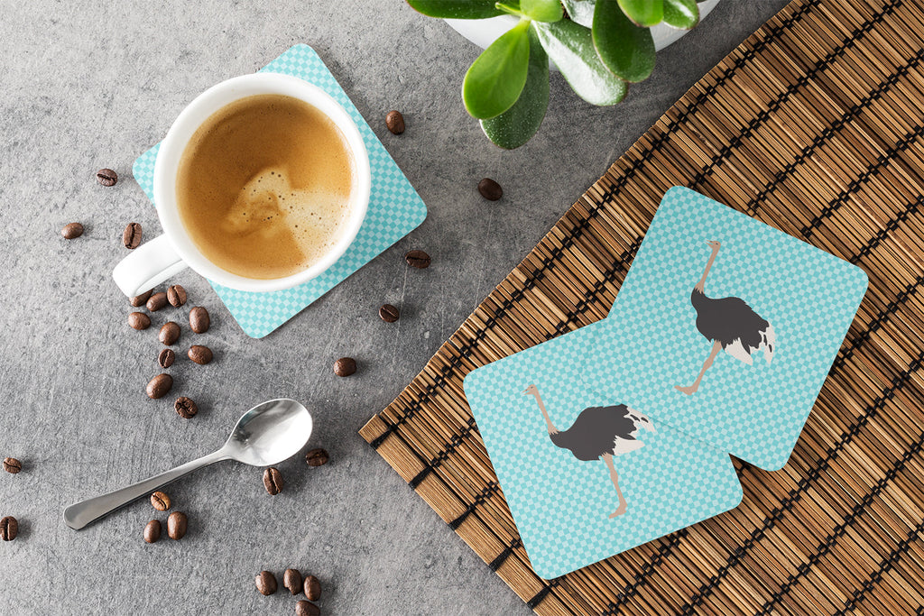 Common Ostrich Blue Check Foam Coasters Set of 4 Cup Coasters for Indoor Outdoor, Tabletop Protection, Anti Slip, Mouse pad Material