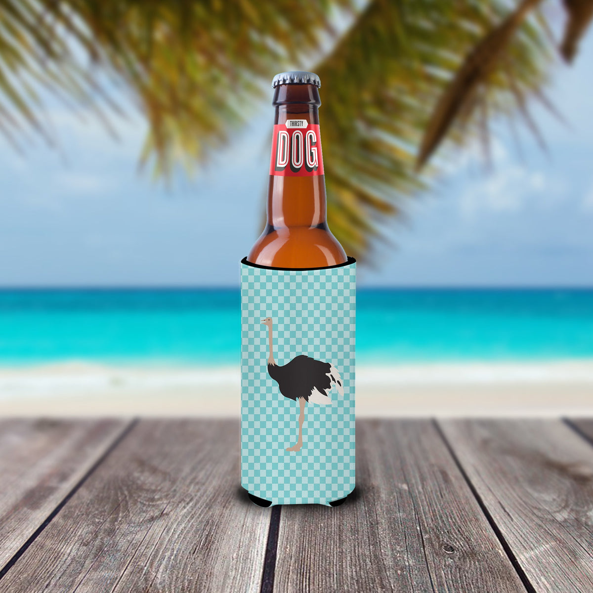 Common Ostrich Blue Check Slim Can Hugger , Insulated Foam Hugger for 12 oz Slim Cans, Beer Bottles & Water Bottles, Printed in USA