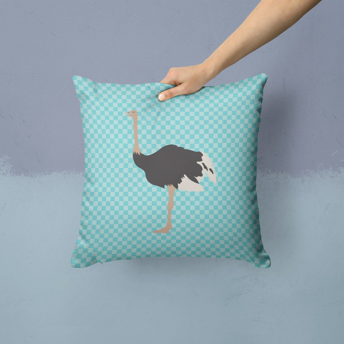 Common Ostrich Blue Check Decorative Throw Pillow 14x14 Indoor Outdoor Accent Cushion, Fabric Cover with Insert for Sofa, Bed, Porch & Living Room