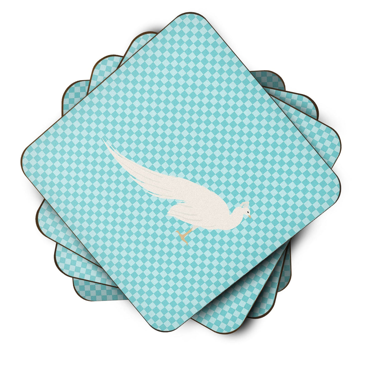 White Peacock Peafowl Blue Check Foam Coasters Set of 4 Cup Coasters for Indoor Outdoor, Tabletop Protection, Anti Slip, Mouse pad Material
