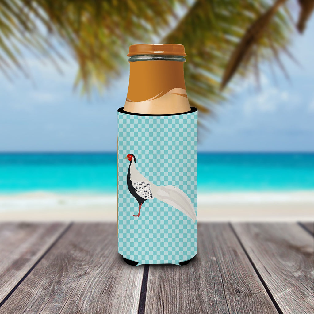 Silver Pheasant Blue Check Slim Can Hugger , Insulated Foam Hugger for 12 oz Slim Cans, Beer Bottles & Water Bottles, Printed in USA