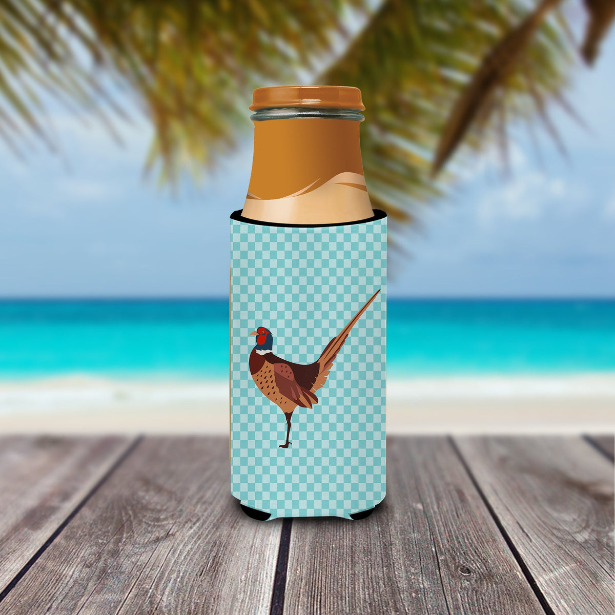 Ring-necked Common Pheasant Blue Check Slim Can Hugger , Insulated Foam Hugger for 12 oz Slim Cans, Beer Bottles & Water Bottles, Printed in USA