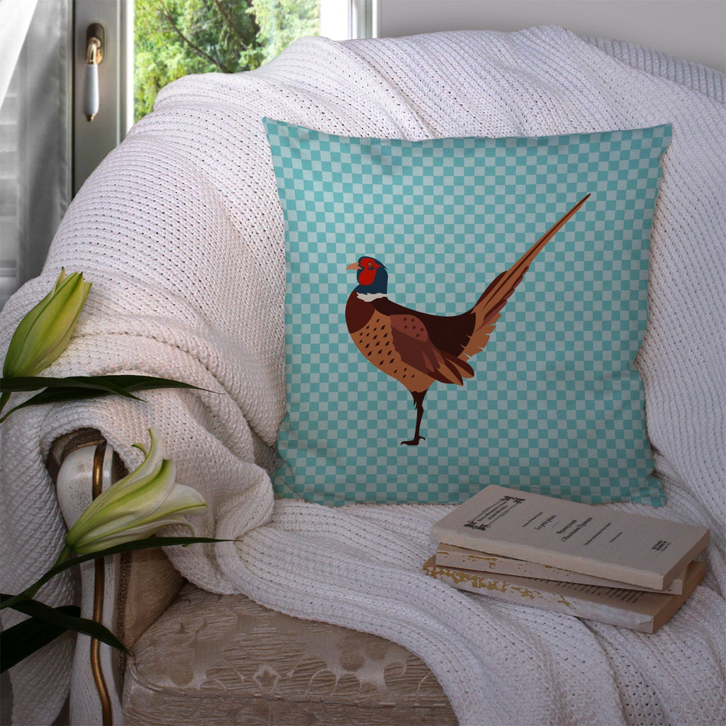 Ring-necked Common Pheasant Blue Check Decorative Throw Pillow 14x14 Indoor Outdoor Accent Cushion, Fabric Cover with Insert for Sofa, Bed, Porch & Living Room