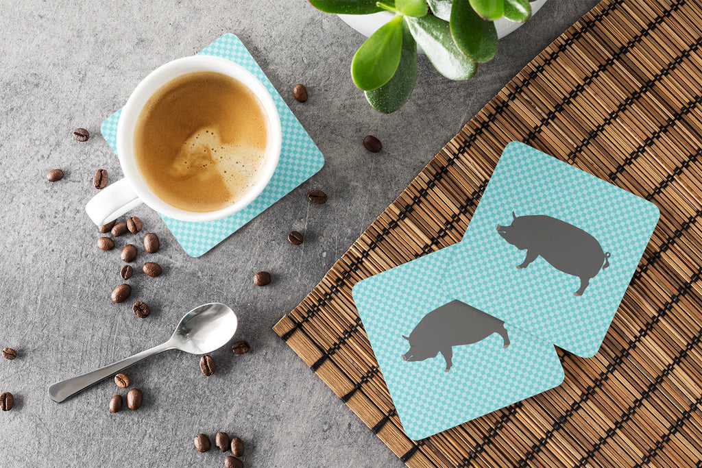 Berkshire Pig Blue Check Foam Coasters Set of 4 Cup Coasters for Indoor Outdoor, Tabletop Protection, Anti Slip, Mouse pad Material