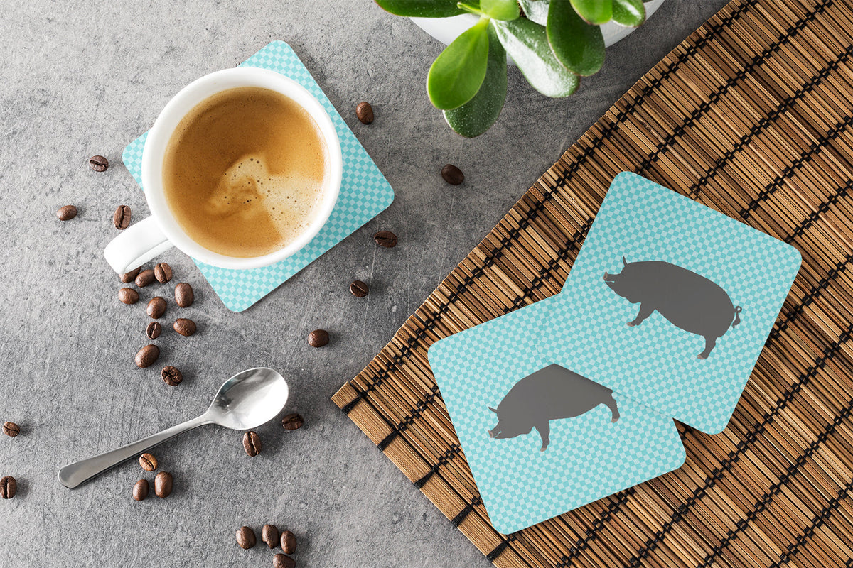 Berkshire Pig Blue Check Foam Coasters Set of 4 Cup Coasters for Indoor Outdoor, Tabletop Protection, Anti Slip, Mouse pad Material
