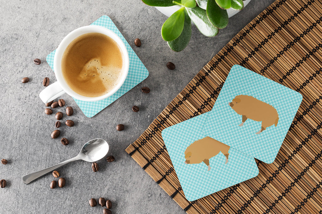Hungarian Mangalica Pig Blue Check Foam Coasters Set of 4 Cup Coasters for Indoor Outdoor, Tabletop Protection, Anti Slip, Mouse pad Material