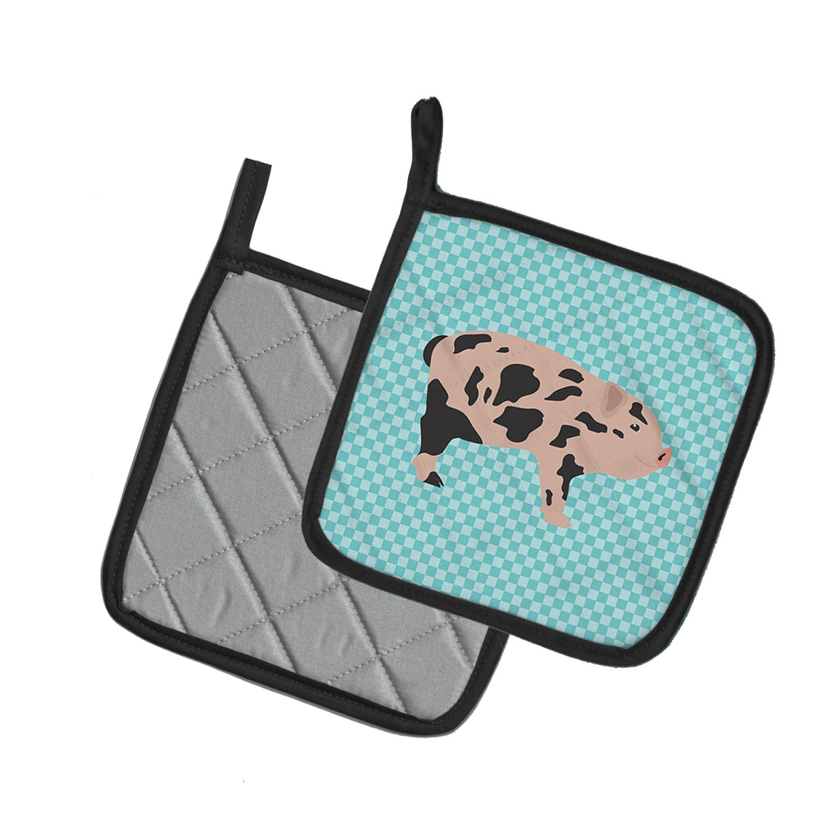Mini Miniature Pig Blue Check Pot Holder Set of 2 Heat Resistant Quilted Hot Pads 7.5 x 7.5 Inch, Insulated Kitchen Trivets for Cooking & Baking