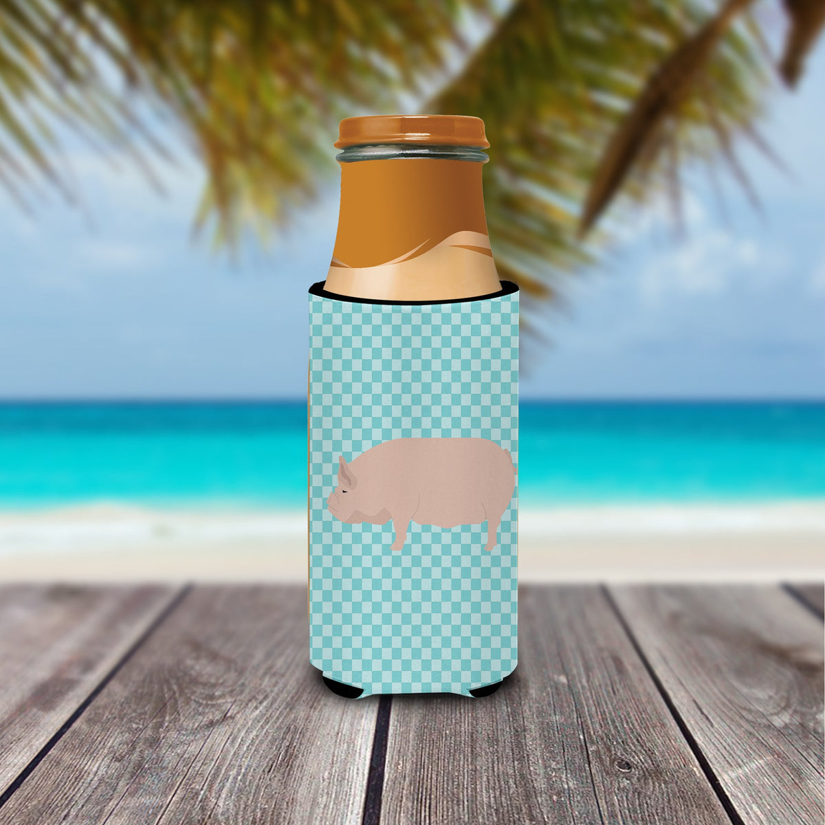 Welsh Pig Blue Check Slim Can Hugger , Insulated Foam Hugger for 12 oz Slim Cans, Beer Bottles & Water Bottles, Printed in USA