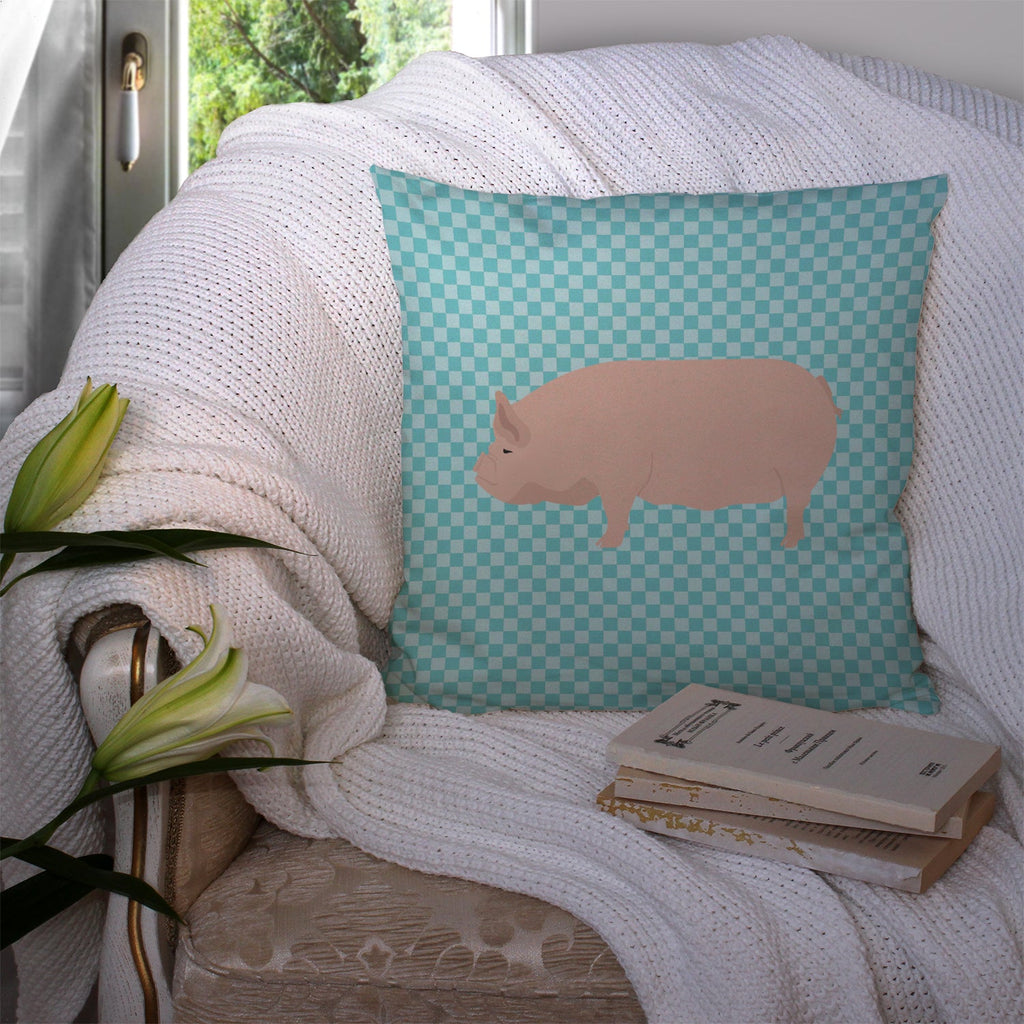 Welsh Pig Blue Check Decorative Throw Pillow 14x14 Indoor Outdoor Accent Cushion, Fabric Cover with Insert for Sofa, Bed, Porch & Living Room
