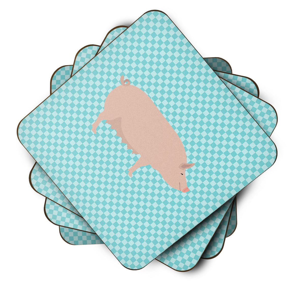 English Large White Pig Blue Check Foam Coasters Set of 4 Cup Coasters for Indoor Outdoor, Tabletop Protection, Anti Slip, Mouse pad Material