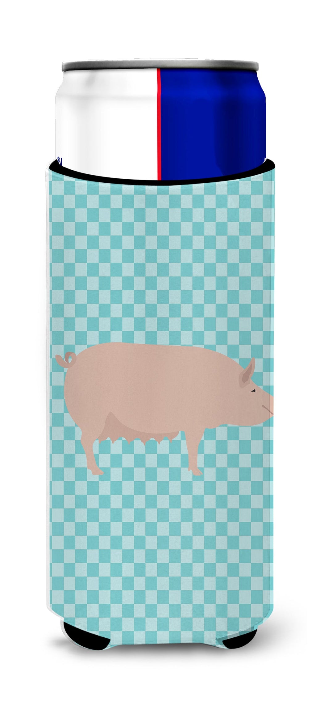 English Large White Pig Blue Check Slim Can Hugger , Insulated Foam Hugger for 12 oz Slim Cans, Beer Bottles & Water Bottles, Printed in USA