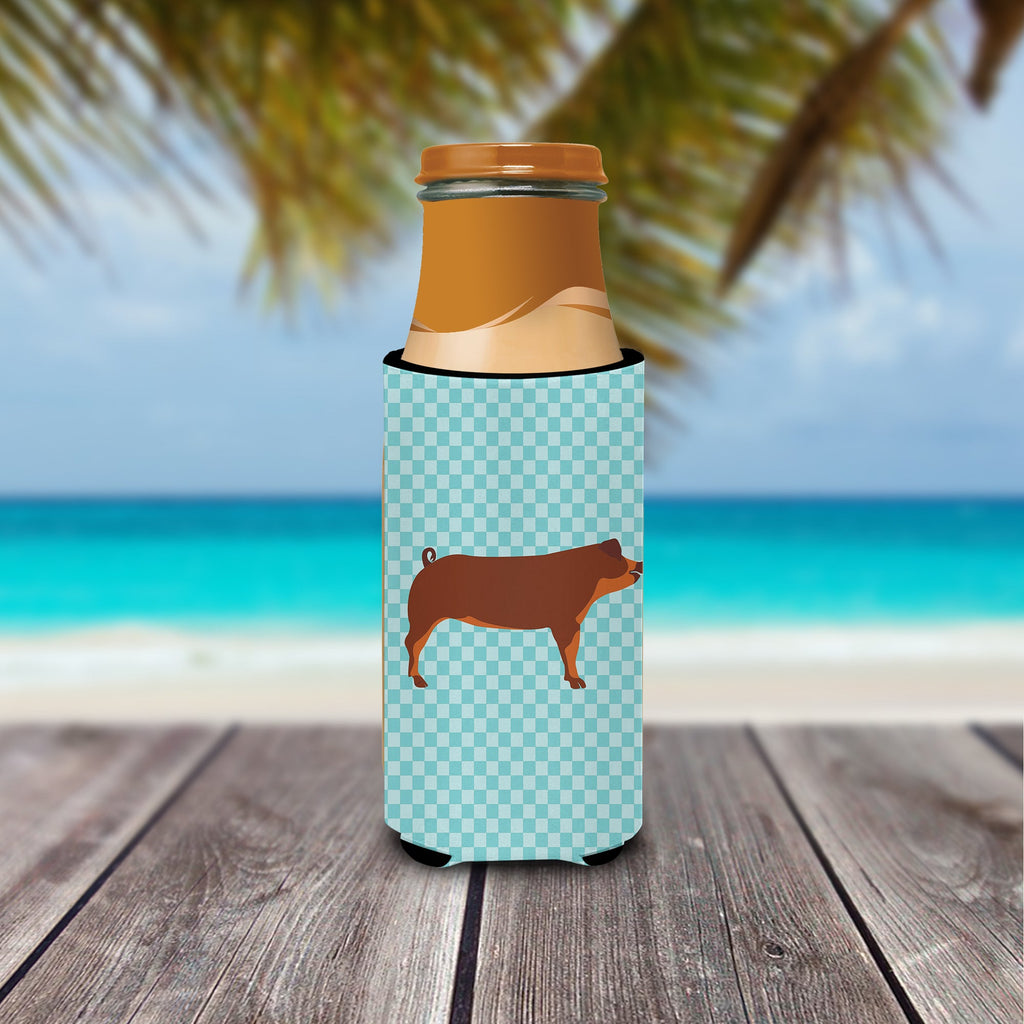Duroc Pig Blue Check Slim Can Hugger , Insulated Foam Hugger for 12 oz Slim Cans, Beer Bottles & Water Bottles, Printed in USA