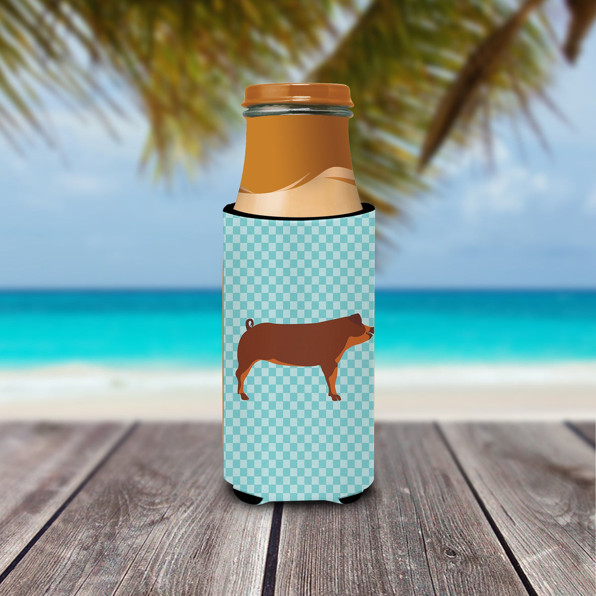 Duroc Pig Blue Check Slim Can Hugger , Insulated Foam Hugger for 12 oz Slim Cans, Beer Bottles & Water Bottles, Printed in USA