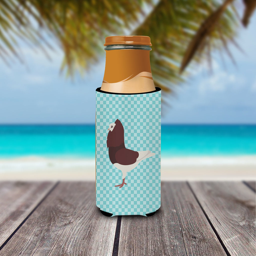 Capuchin Red Pigeon Blue Check Slim Can Hugger , Insulated Foam Hugger for 12 oz Slim Cans, Beer Bottles & Water Bottles, Printed in USA