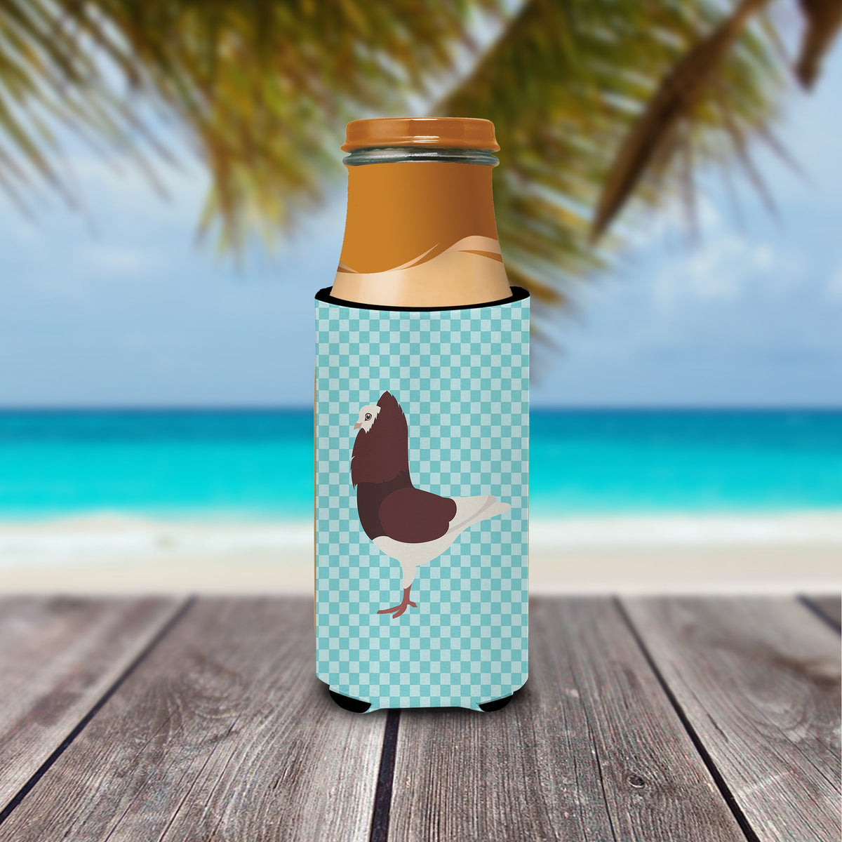 Capuchin Red Pigeon Blue Check Slim Can Hugger , Insulated Foam Hugger for 12 oz Slim Cans, Beer Bottles & Water Bottles, Printed in USA