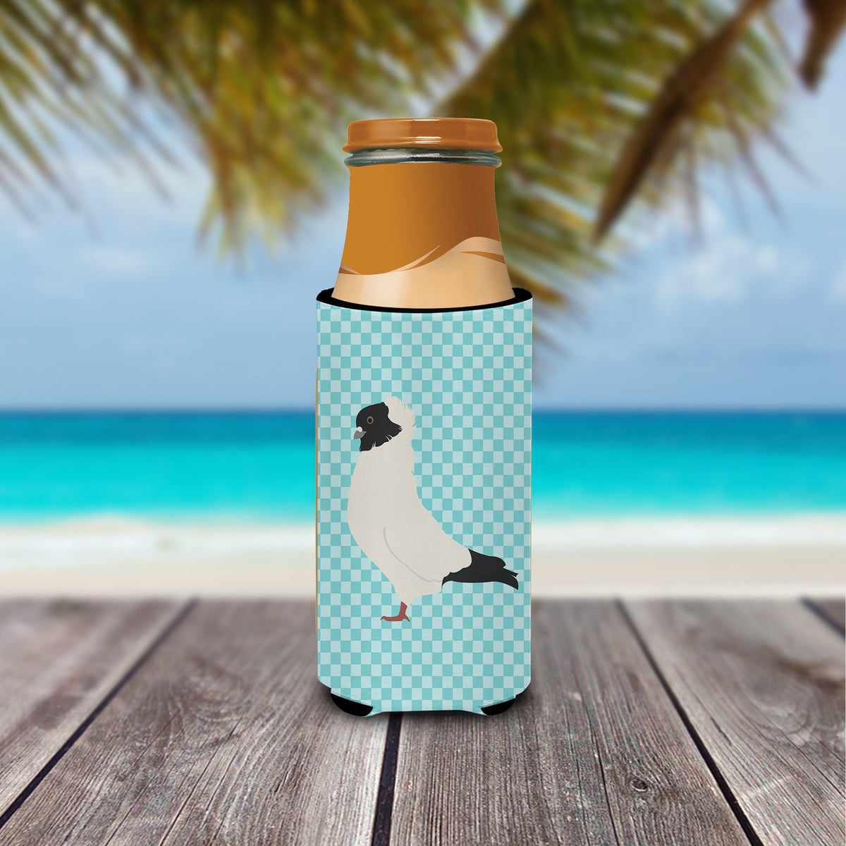 Nun Pigeon Blue Check Slim Can Hugger , Insulated Foam Hugger for 12 oz Slim Cans, Beer Bottles & Water Bottles, Printed in USA