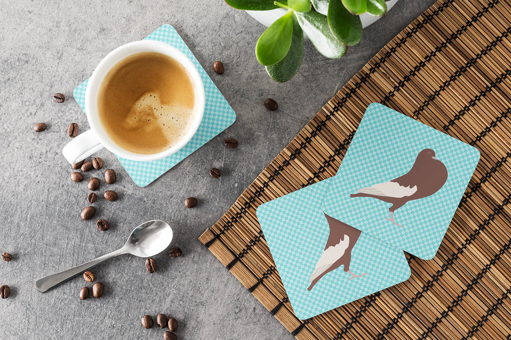 English Pouter Pigeon Blue Check Foam Coasters Set of 4 Cup Coasters for Indoor Outdoor, Tabletop Protection, Anti Slip, Mouse pad Material