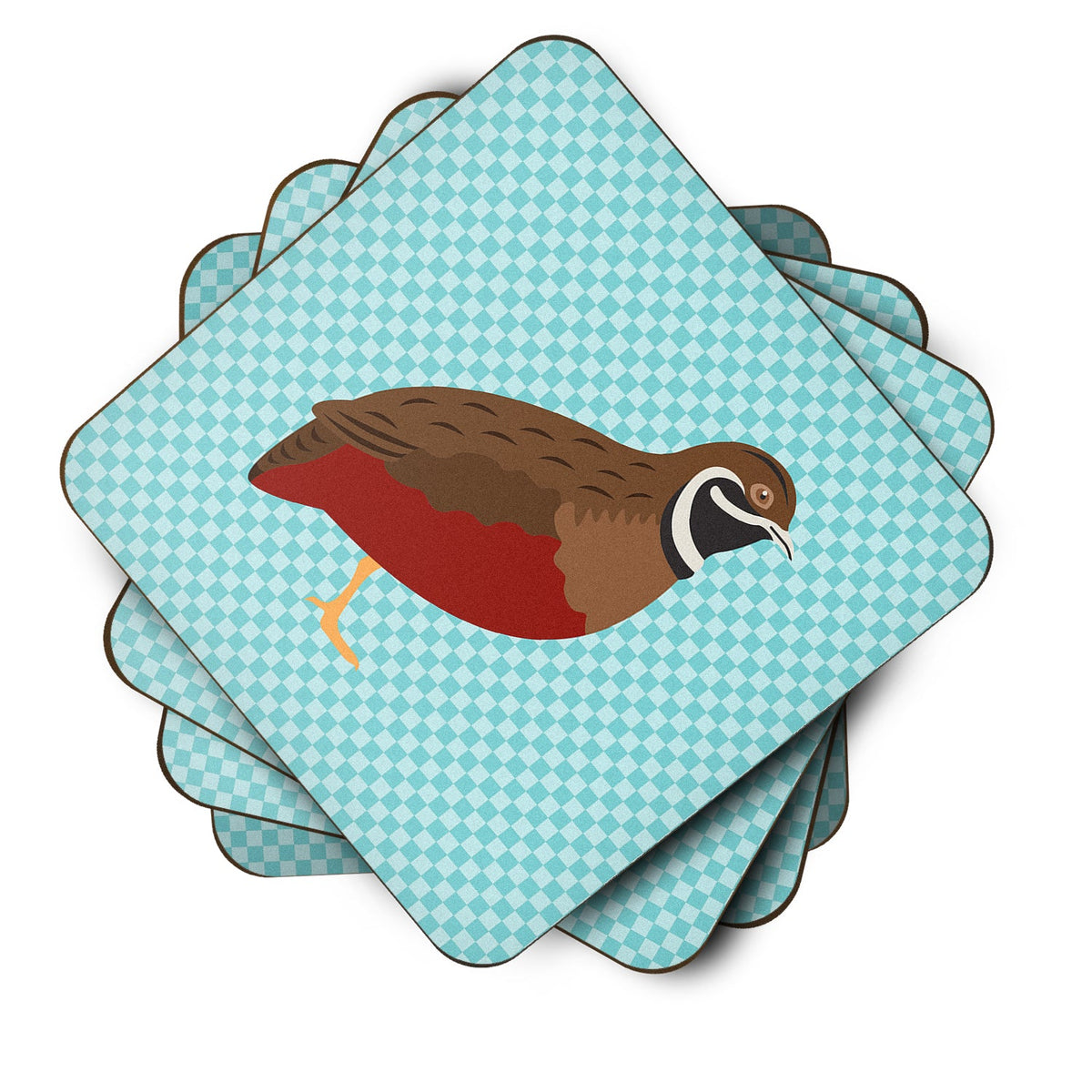 Chinese Painted or King Quail Blue Check Foam Coasters Set of 4 Cup Coasters for Indoor Outdoor, Tabletop Protection, Anti Slip, Mouse pad Material