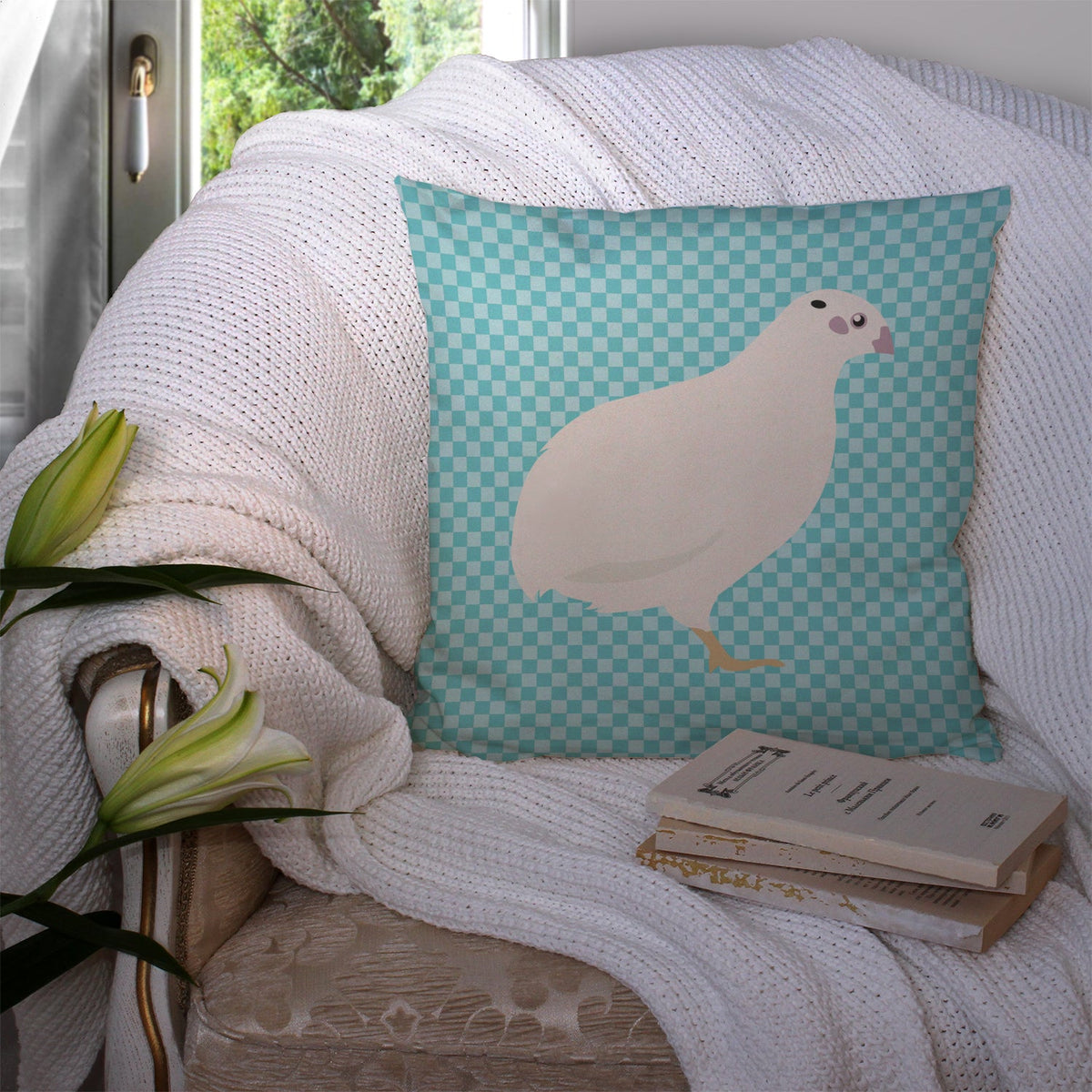 Texas Quail Blue Check Decorative Throw Pillow 14x14 Indoor Outdoor Accent Cushion, Fabric Cover with Insert for Sofa, Bed, Porch & Living Room