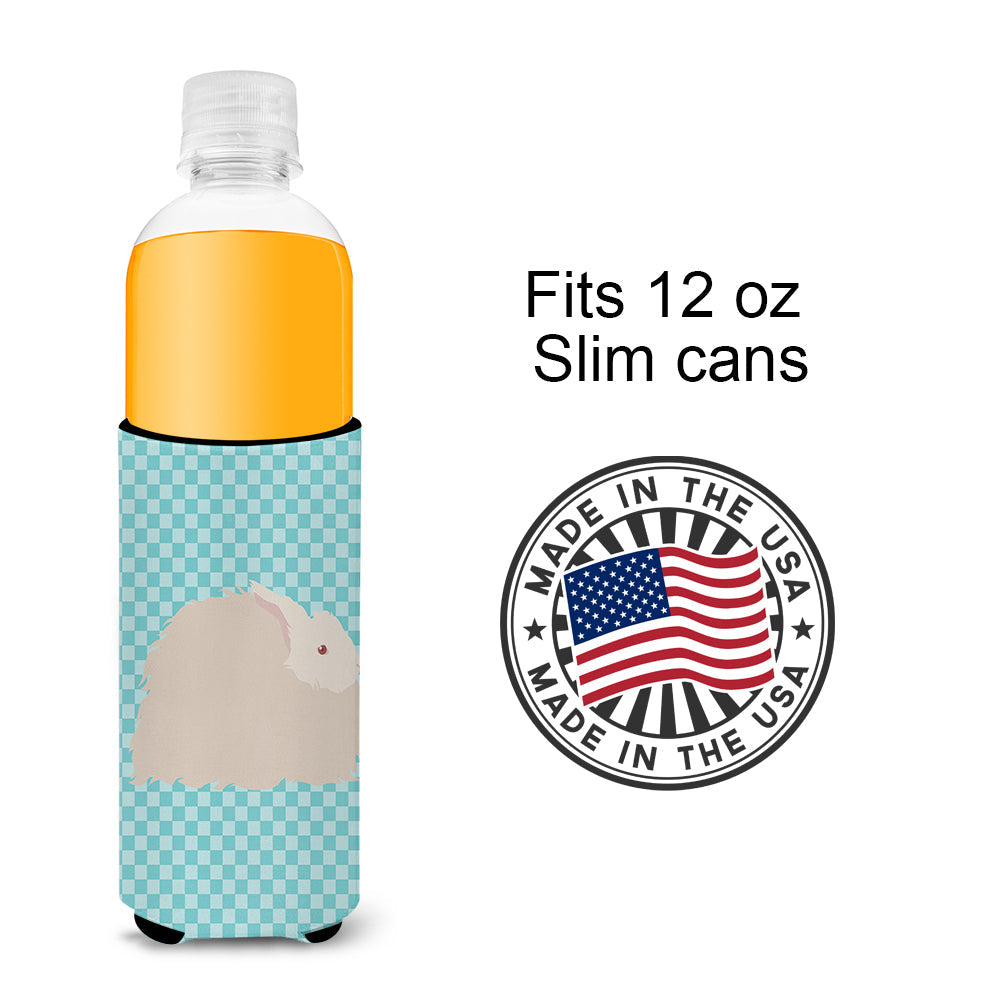 Fluffy Angora Rabbit Blue Check Slim Can Hugger , Insulated Foam Hugger for 12 oz Slim Cans, Beer Bottles & Water Bottles, Printed in USA