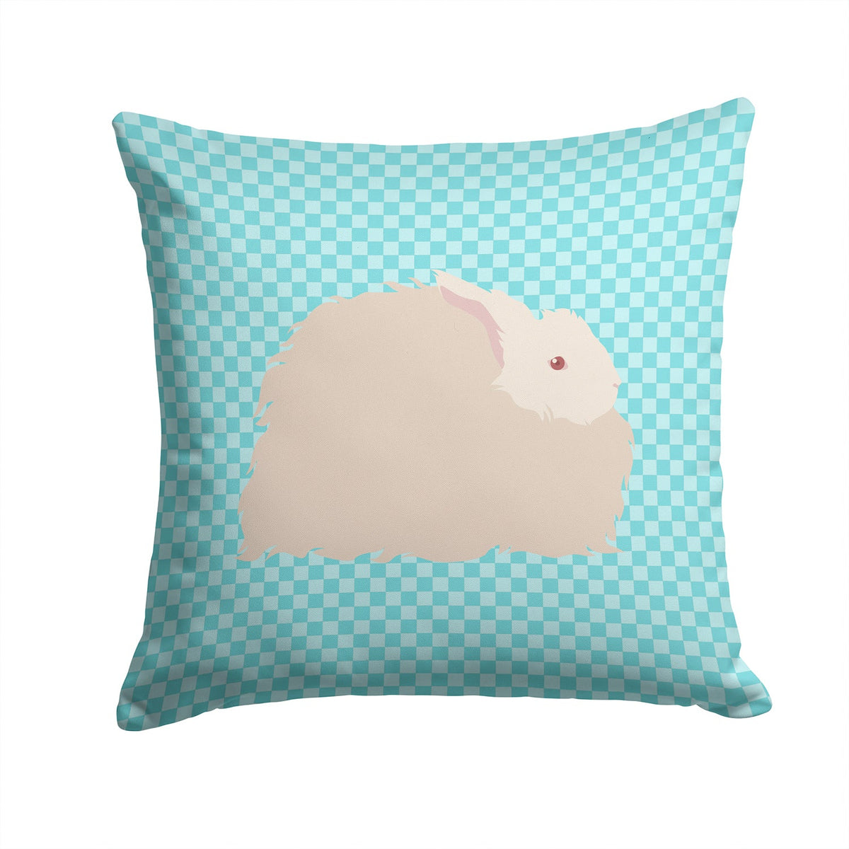 Fluffy Angora Rabbit Blue Check Decorative Throw Pillow 14x14 Indoor Outdoor Accent Cushion, Fabric Cover with Insert for Sofa, Bed, Porch & Living Room