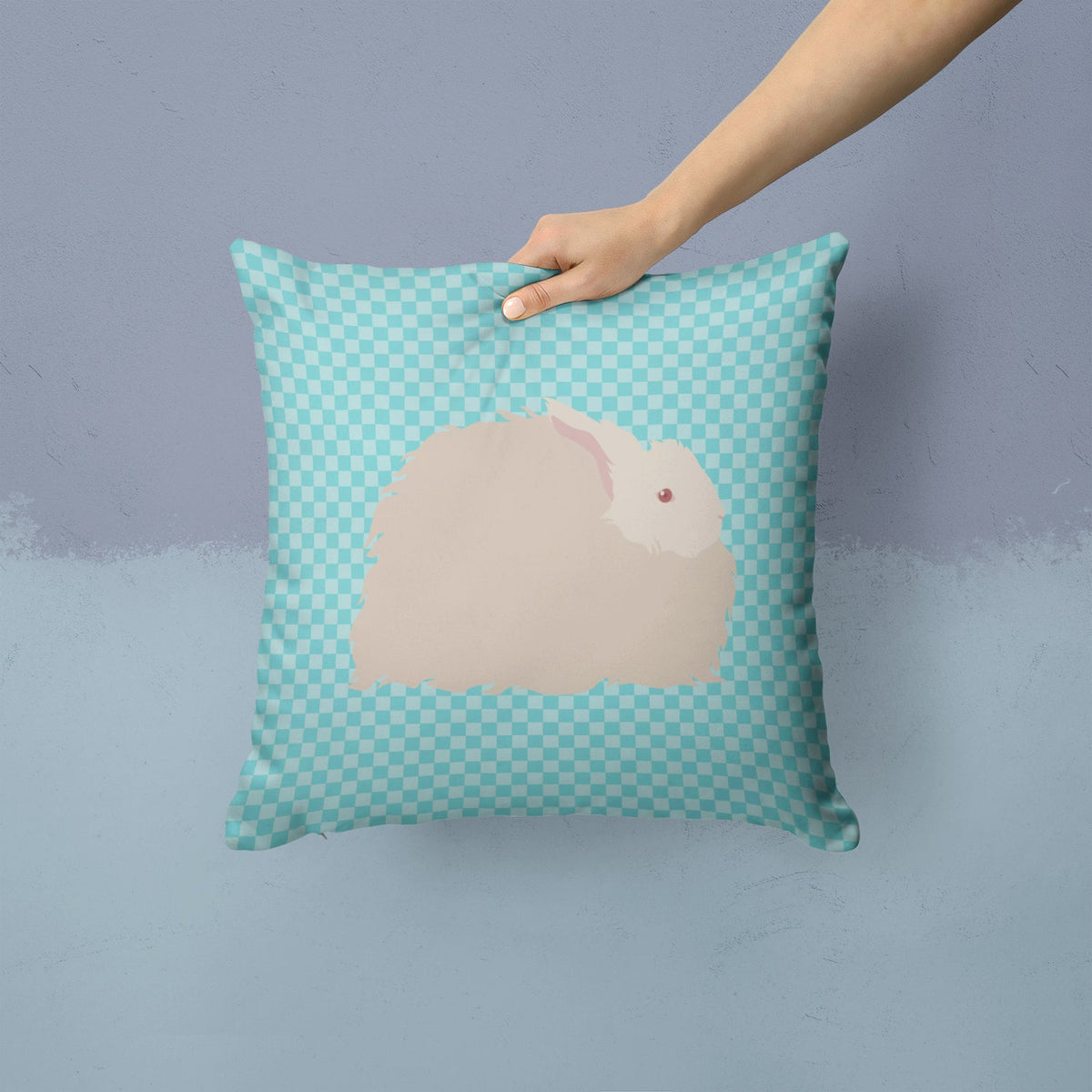 Fluffy Angora Rabbit Blue Check Decorative Throw Pillow 14x14 Indoor Outdoor Accent Cushion, Fabric Cover with Insert for Sofa, Bed, Porch & Living Room
