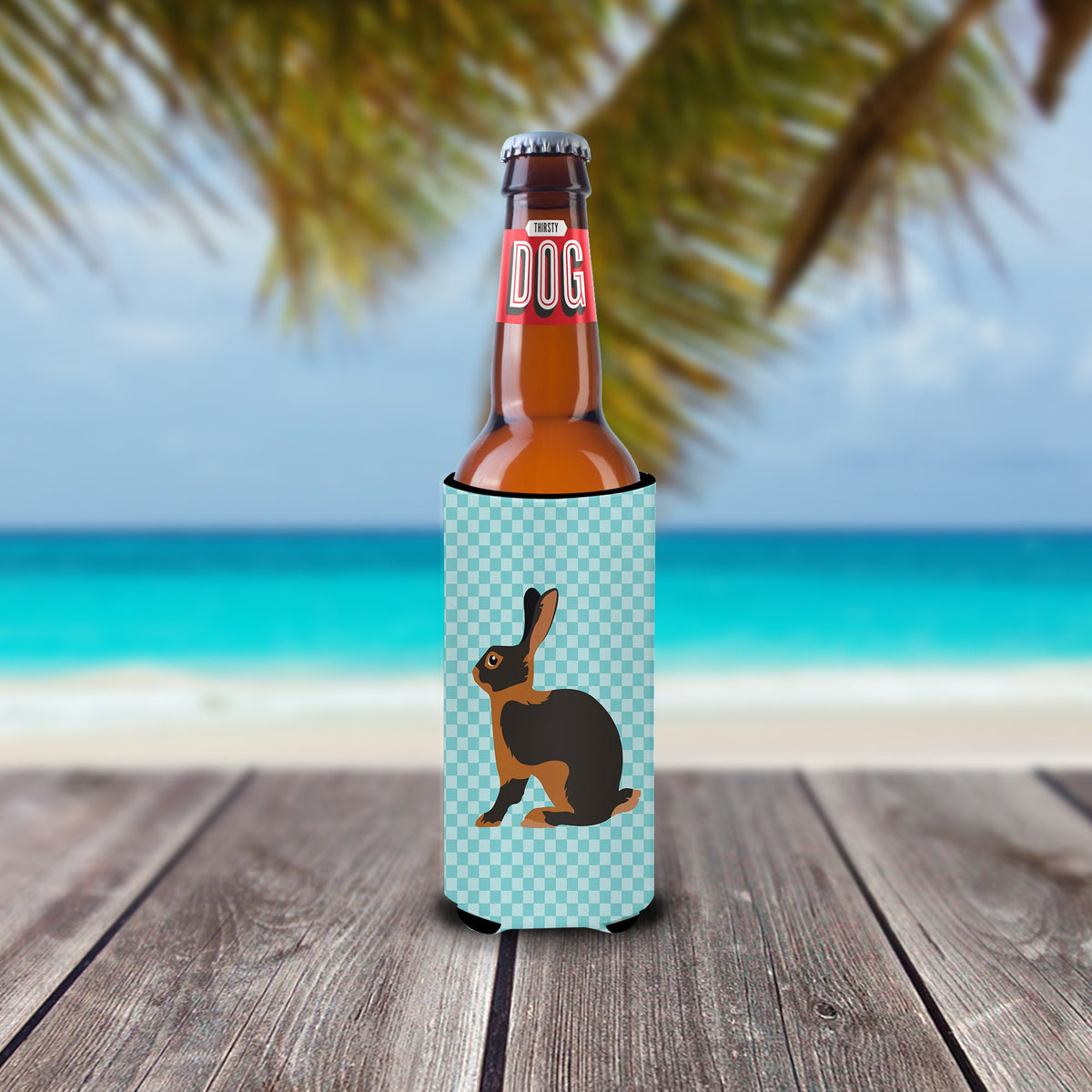 Tan Rabbit Blue Check Slim Can Hugger , Insulated Foam Hugger for 12 oz Slim Cans, Beer Bottles & Water Bottles, Printed in USA