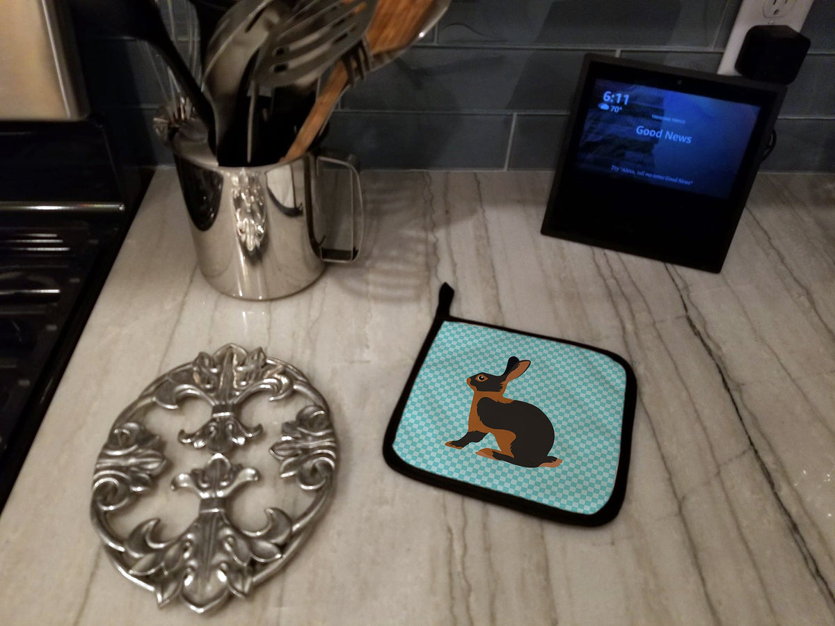 Tan Rabbit Blue Check Pot Holder Set of 2 Heat Resistant Quilted Hot Pads 7.5 x 7.5 Inch, Insulated Kitchen Trivets for Cooking & Baking