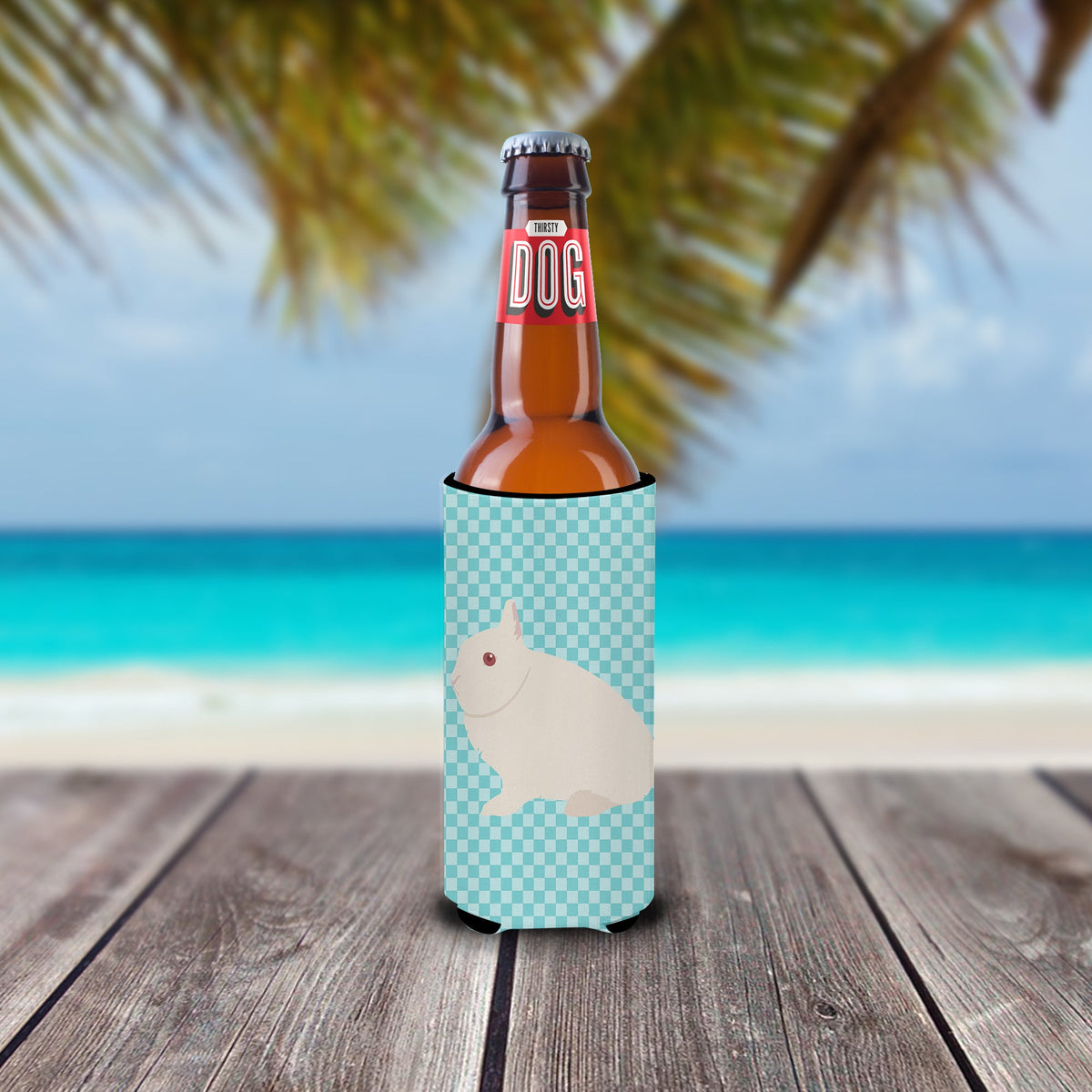 Hermelin Rabbit Blue Check Slim Can Hugger , Insulated Foam Hugger for 12 oz Slim Cans, Beer Bottles & Water Bottles, Printed in USA
