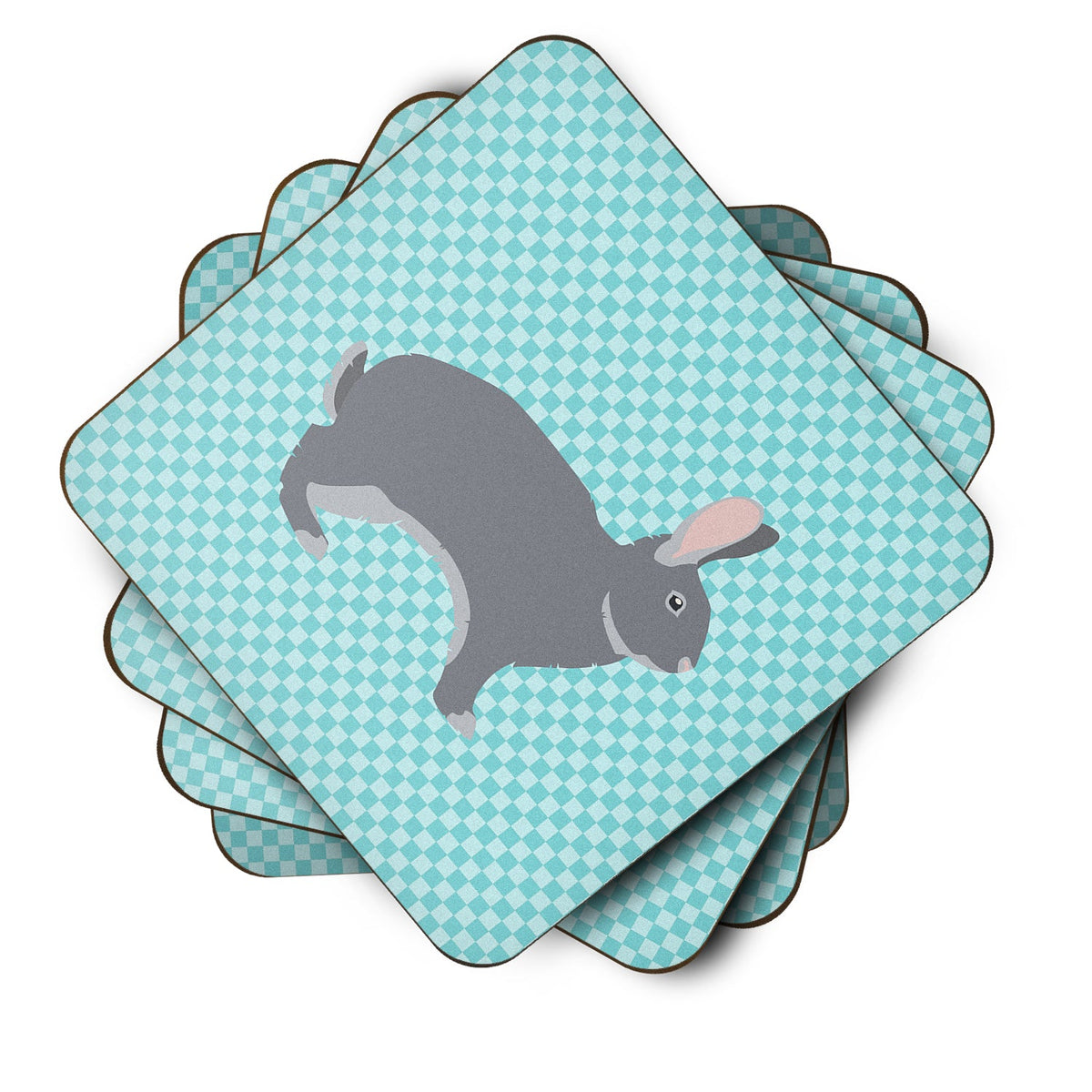 Giant Chinchilla Rabbit Blue Check Foam Coasters Set of 4 Cup Coasters for Indoor Outdoor, Tabletop Protection, Anti Slip, Mouse pad Material