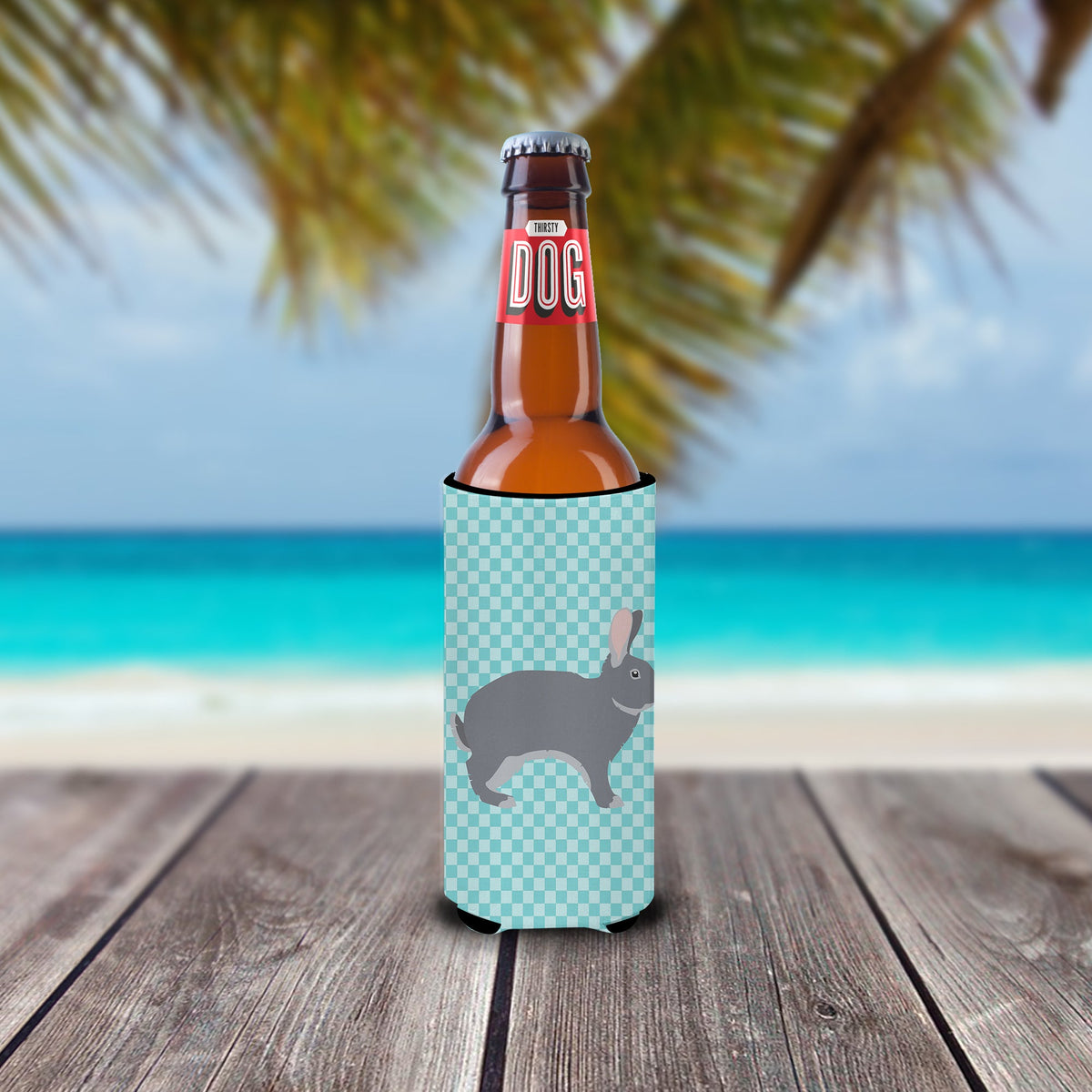 Giant Chinchilla Rabbit Blue Check Slim Can Hugger , Insulated Foam Hugger for 12 oz Slim Cans, Beer Bottles & Water Bottles, Printed in USA