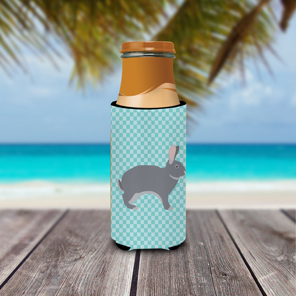 Giant Chinchilla Rabbit Blue Check Slim Can Hugger , Insulated Foam Hugger for 12 oz Slim Cans, Beer Bottles & Water Bottles, Printed in USA