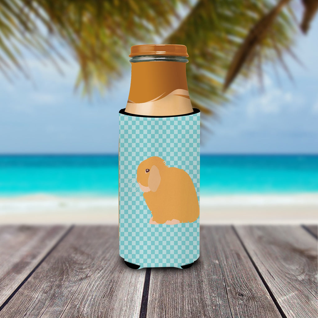Holland Lop Rabbit Blue Check Slim Can Hugger , Insulated Foam Hugger for 12 oz Slim Cans, Beer Bottles & Water Bottles, Printed in USA