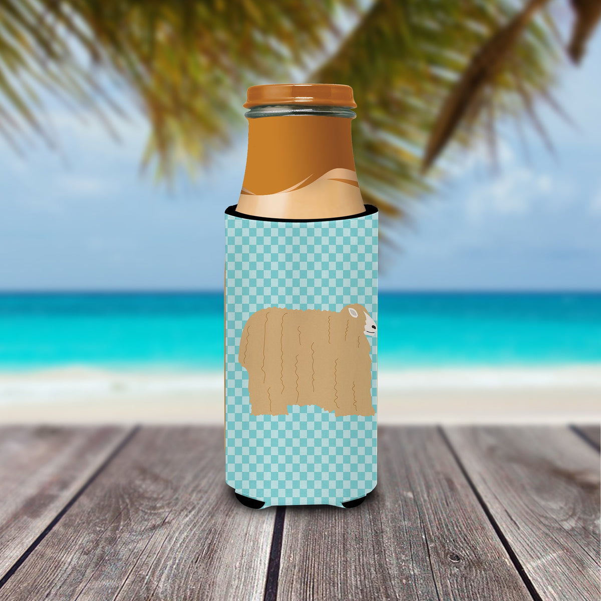 Lincoln Longwool Sheep Blue Check Slim Can Hugger , Insulated Foam Hugger for 12 oz Slim Cans, Beer Bottles & Water Bottles, Printed in USA