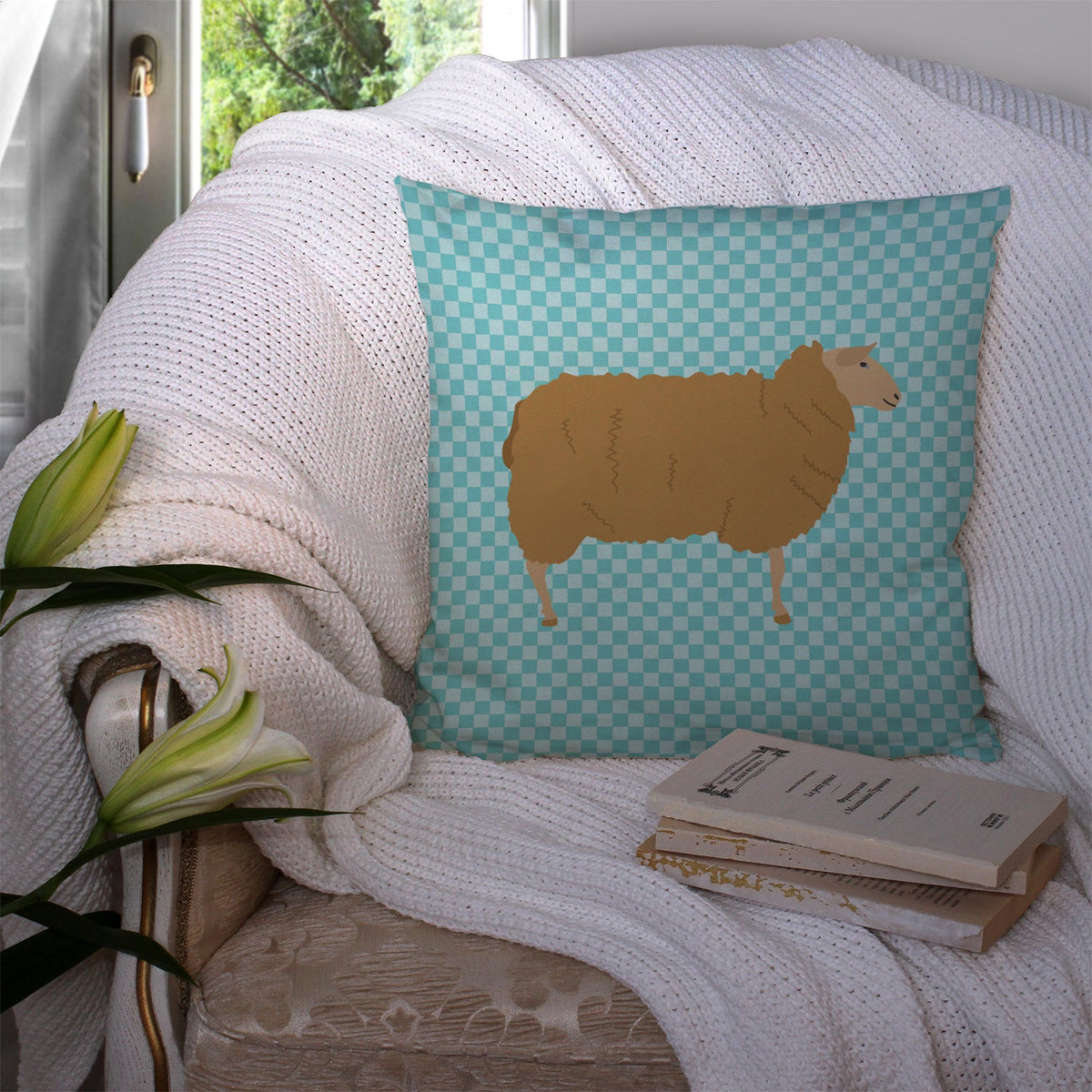 East Friesian Sheep Blue Check Decorative Throw Pillow 14x14 Indoor Outdoor Accent Cushion, Fabric Cover with Insert for Sofa, Bed, Porch & Living Room