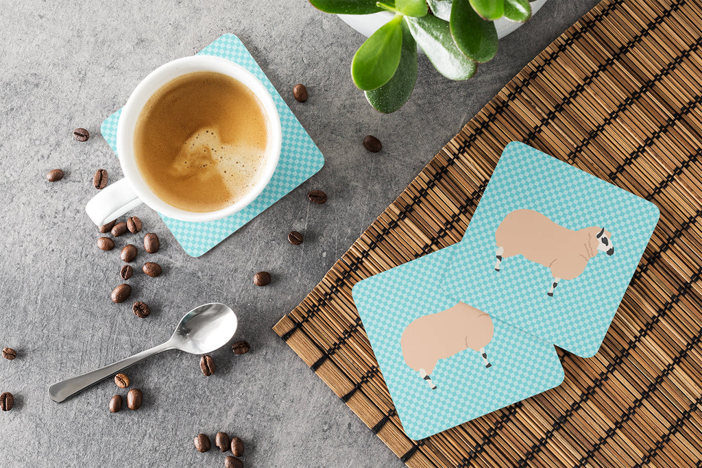 Kerry Hill Sheep Blue Check Foam Coasters Set of 4 Cup Coasters for Indoor Outdoor, Tabletop Protection, Anti Slip, Mouse pad Material