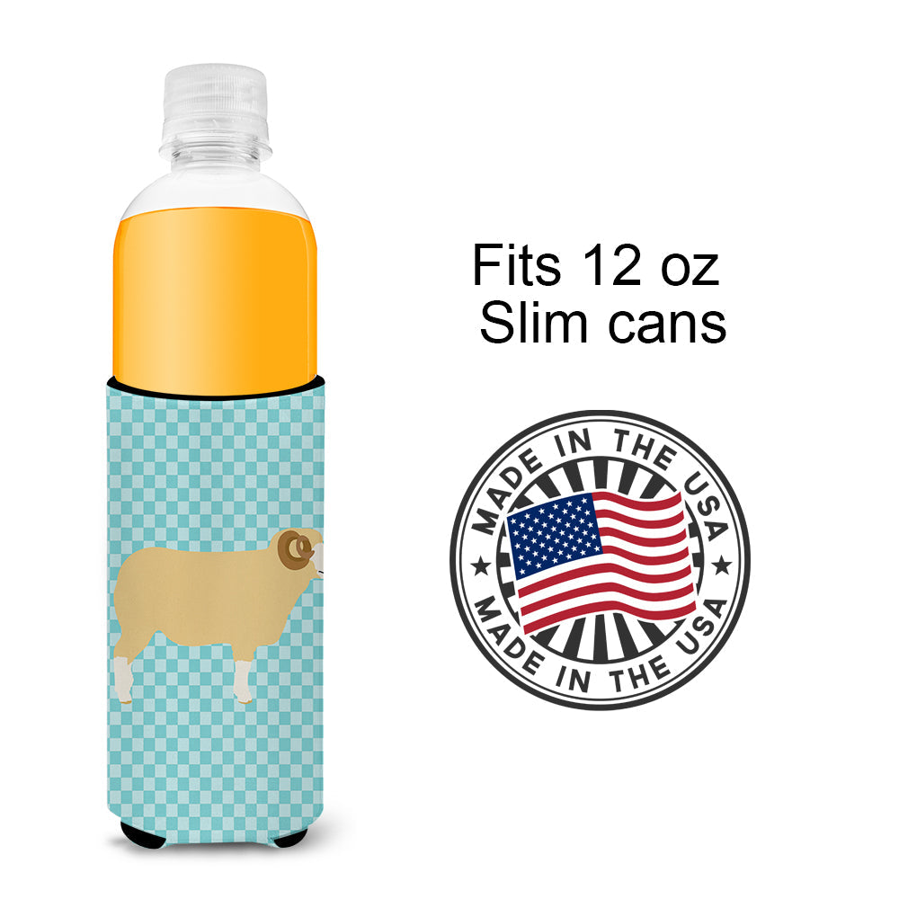 Horned Dorset Sheep Blue Check Slim Can Hugger , Insulated Foam Hugger for 12 oz Slim Cans, Beer Bottles & Water Bottles, Printed in USA