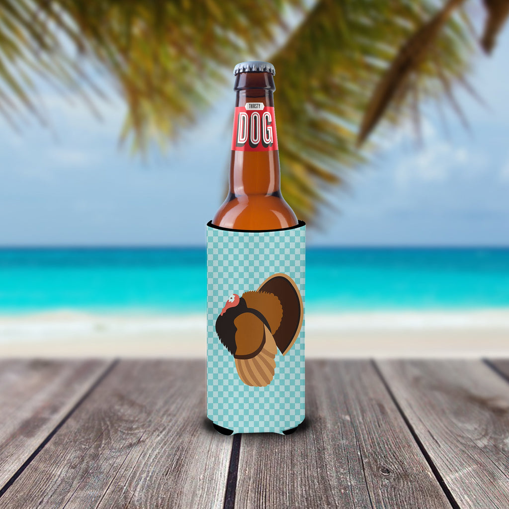 Bronze Turkey Blue Check Slim Can Hugger , Insulated Foam Hugger for 12 oz Slim Cans, Beer Bottles & Water Bottles, Printed in USA