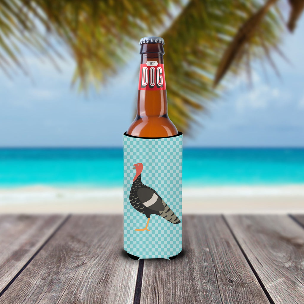 Marragansett Turkey Blue Check Slim Can Hugger , Insulated Foam Hugger for 12 oz Slim Cans, Beer Bottles & Water Bottles, Printed in USA