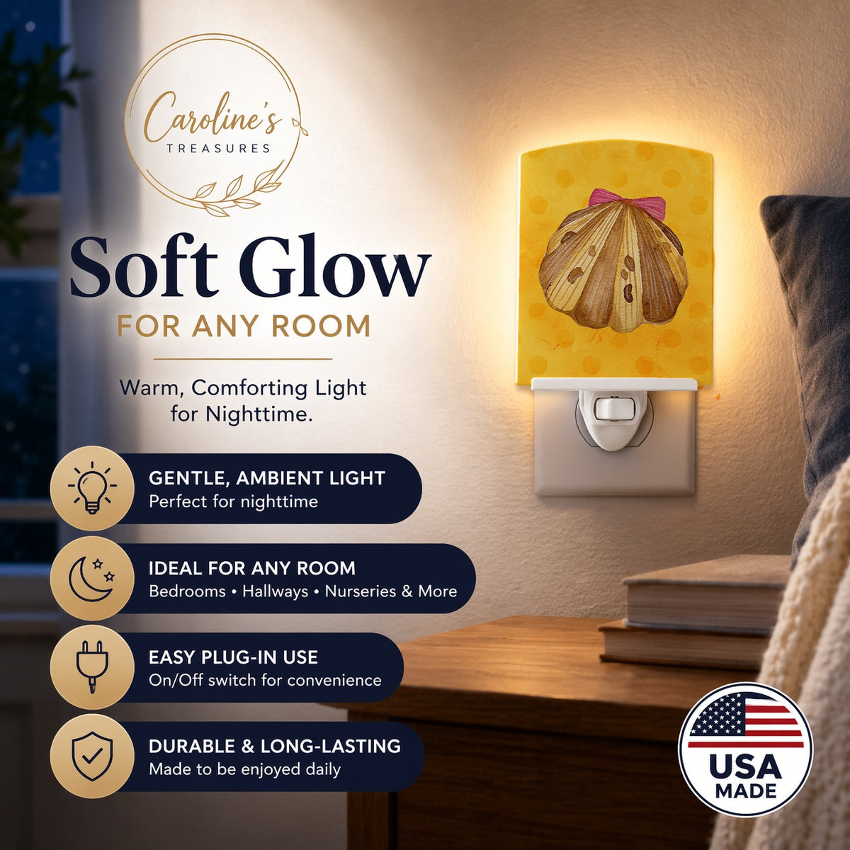 Sea Shell Yellow Polkadot Ceramic Night Light Compact, UL-Certified, Ideal for Bedroom, Bathroom, Nursery, Hallway, Kitchen, 6x4x3, Multicolor