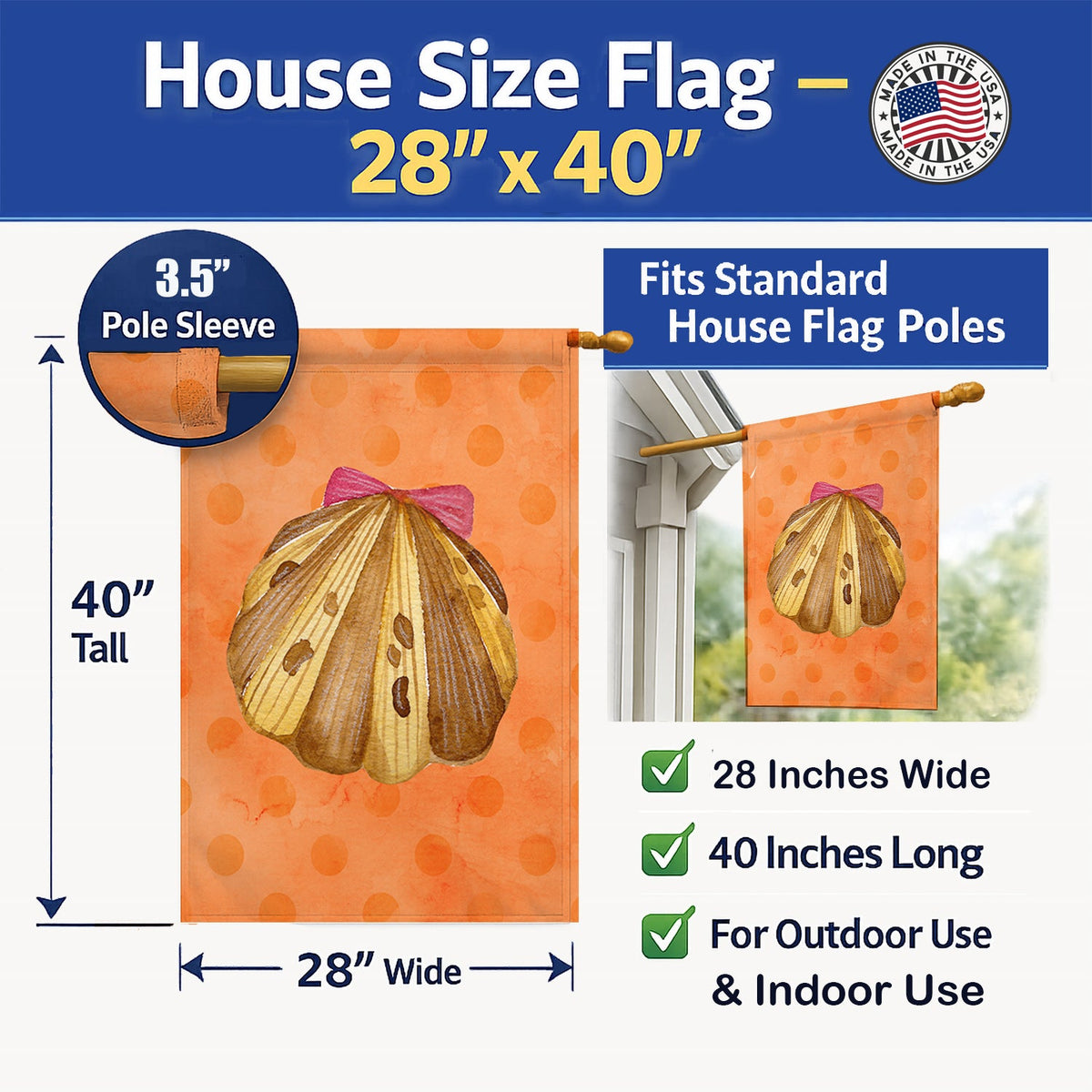 Sea Shell Orange Polkadot House Flag 28x40 Porch Sleeve Pole Decorative Outside Yard Banner Artwork Wall Hanging, Polyester
