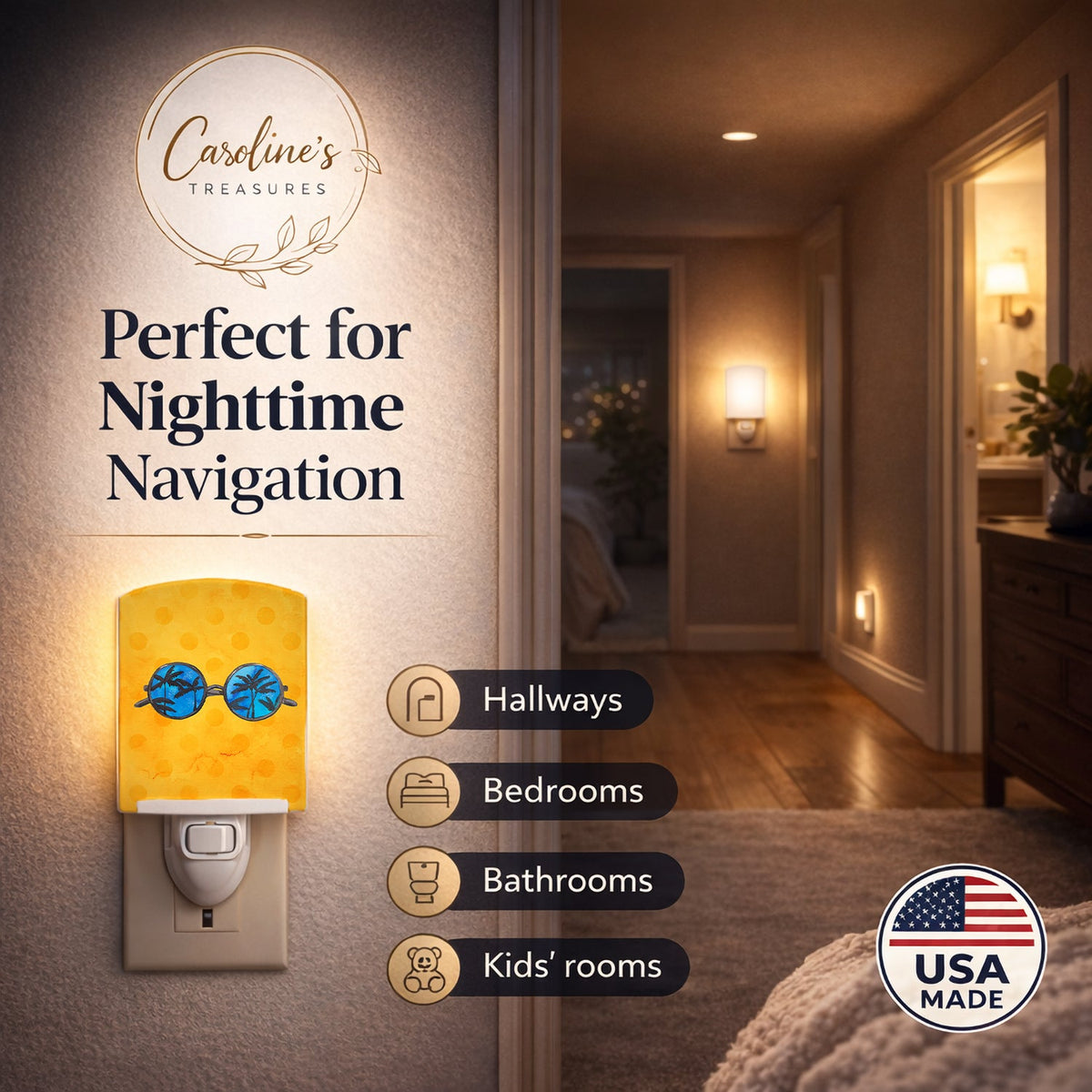 Sunglasses Yellow Polkadot Ceramic Night Light Compact, UL-Certified, Ideal for Bedroom, Bathroom, Nursery, Hallway, Kitchen, 6x4x3, Multicolor