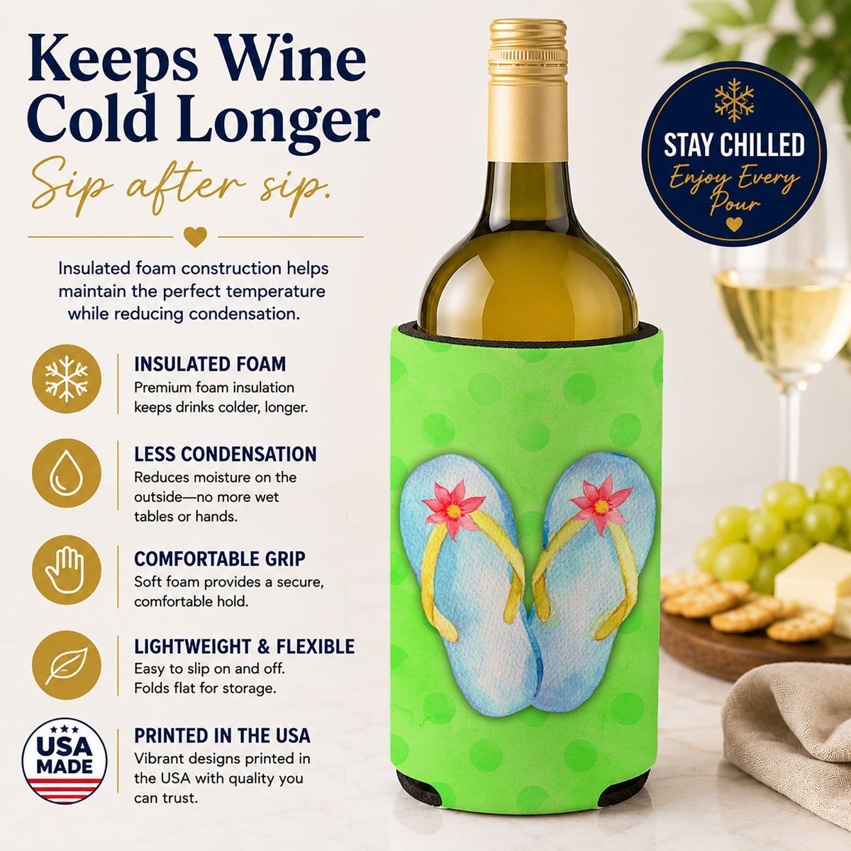 Flip Flops Green Polkadot Wine Bottle Hugger Gift Sleeve for Standard 750 ml Bottles, Insulated Reusable Fits Mini Shot & Pint Bottles
