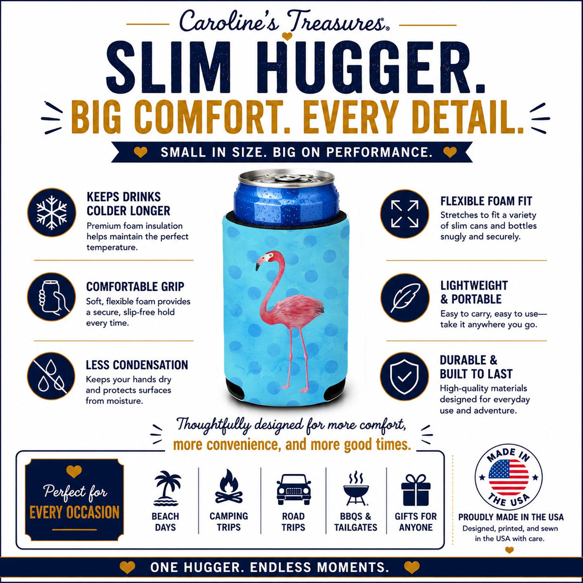 Flamingo Blue Polkadot Slim Can Hugger  Insulated Foam Sleeve for 12 oz Slim Cans, Beer Bottles & Water Bottles, Made in USA