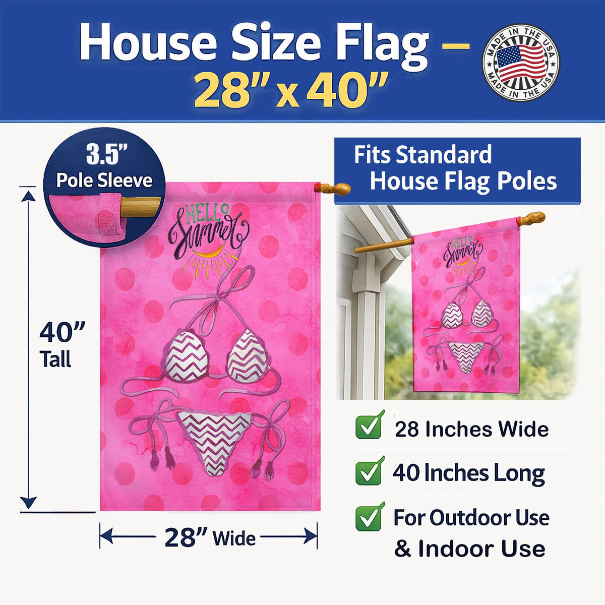 Bikini Swimsuit Pink Polkadot House Flag 28x40 Porch Sleeve Pole Decorative Outside Yard Banner Artwork Wall Hanging, Polyester