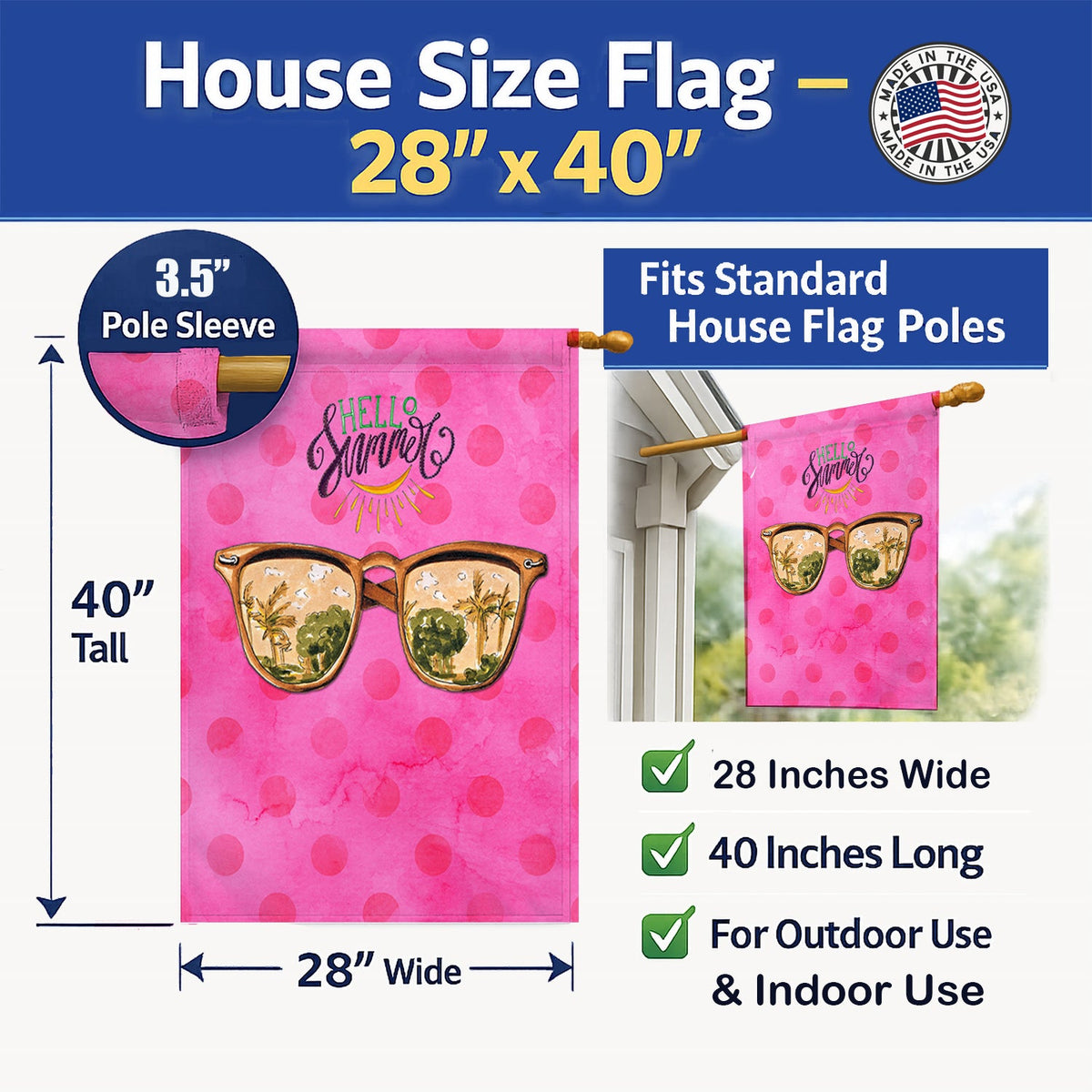 Beach Sunglasses Pink Polkadot House Flag 28x40 Porch Sleeve Pole Decorative Outside Yard Banner Artwork Wall Hanging, Polyester